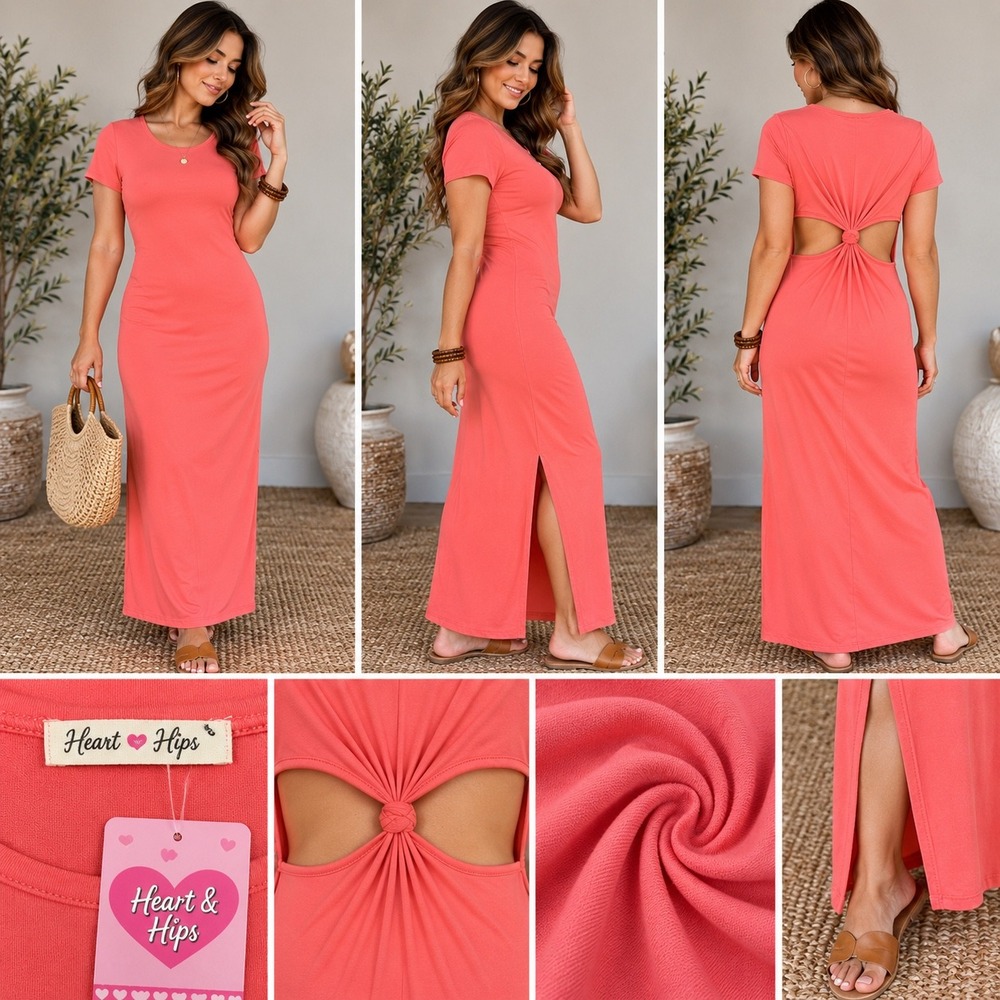 Heart & Hips Coral Pink Back Cutout Twist Midi Dress Bodycon Short Sleeve S